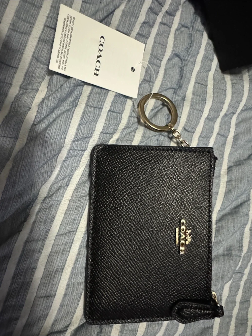 Coach Black Textured Leather Zip Card Case with Gold Key Ring
